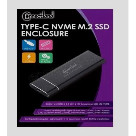 boitier externe CONNECTLAND  - USB3.1 Type-C pour SSD M.2 PCIe Nvme, noir